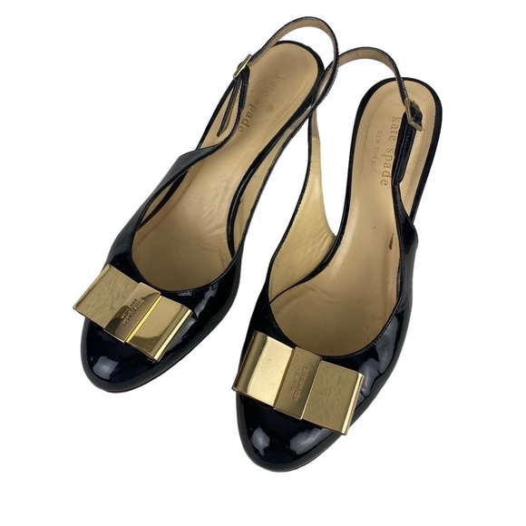 Kate Spade Black Sling Back Heels Gold Bow Made in Italy Size 7.5 Patent Leather - Picture 11 of 11